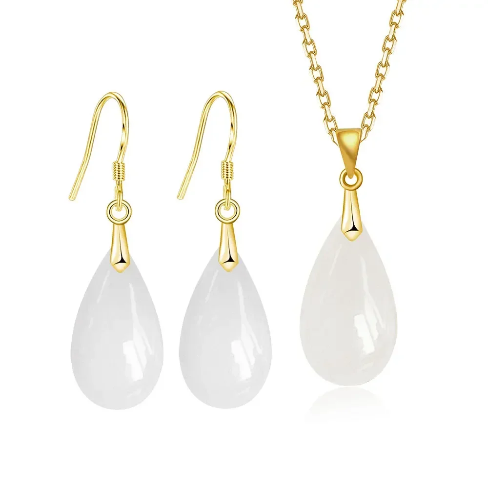 Lihong Exquisite Jewelry 925 Sterling Silver White Jade drop Pendant Necklace Earrings Set For Women engagement Jewelry gift