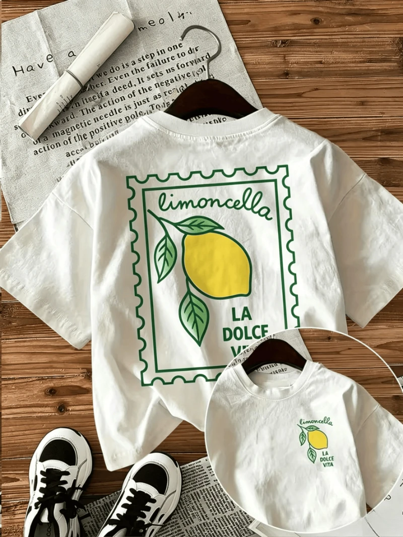 Limoncello Lemon Stamp Print T-Shirt, italienisches Positano-Grafik-T-Shirt, doppelseitig, kurzärmelig, Damen, lässig, Streetwear, Alltagstee