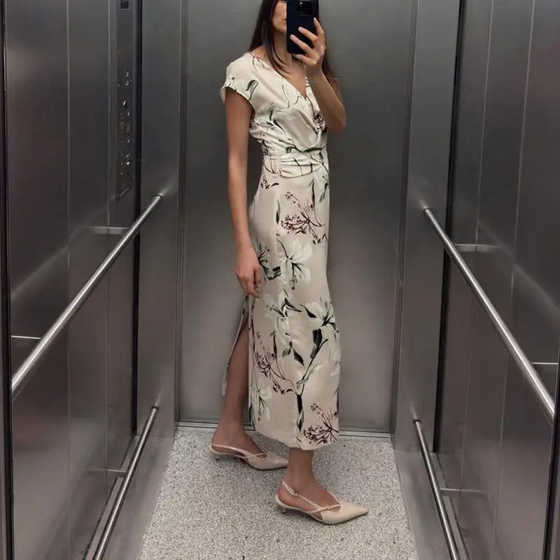 エレ ハイウエスト 花柄プリント シルクサテン オルト スベ Vネック 夏 カジュアルシック レディース ドレス ファッション トレンド