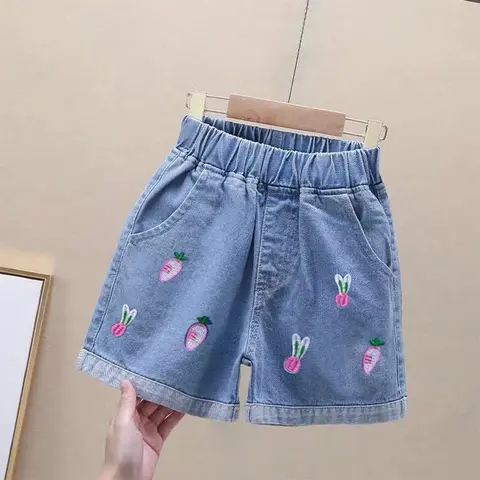 여아용 데님 반바지, 단색, 어린이 하이웨이스트 구멍 큰 청바지, 여아용 얇은 와이드 핫팬츠, 신상 스타일