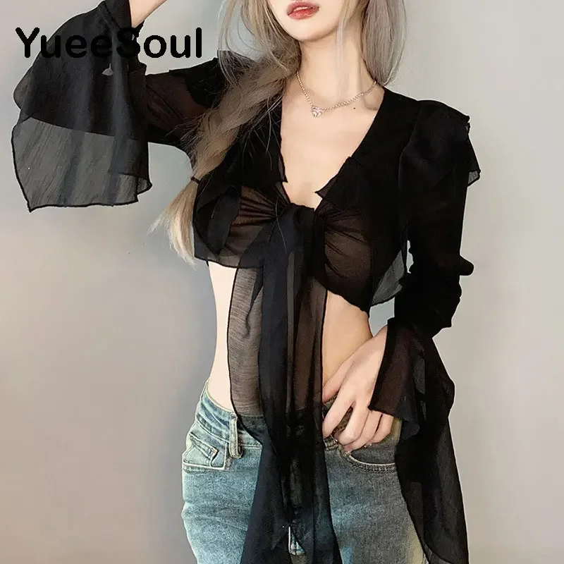 Y2K Vintage Women T-shirts Sexy Deep V Neck See-Through Long Sleeve Crop Tops 2023 New High Street Casual Slim  Women Clothes