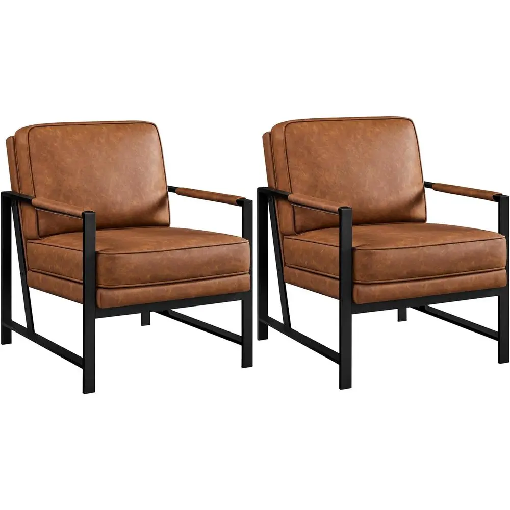 Retro PU Leather Accent Chair, Plush Cushioned, 105° Slant Back, Ideal for Living Room/Office/Bedroom/Study, Set of 2, Light Bro