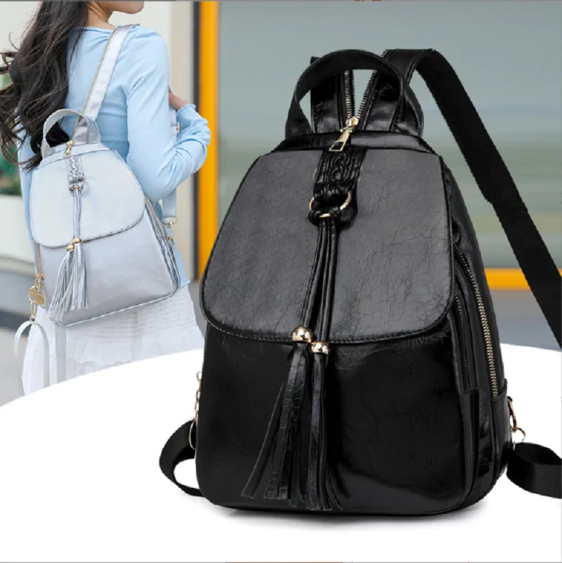 

New Korean Fashion Tassels Soft Leather Backpacks Women's High Capacity Shoulder Bags Chest Bag Crossbody Backpack School Bag
