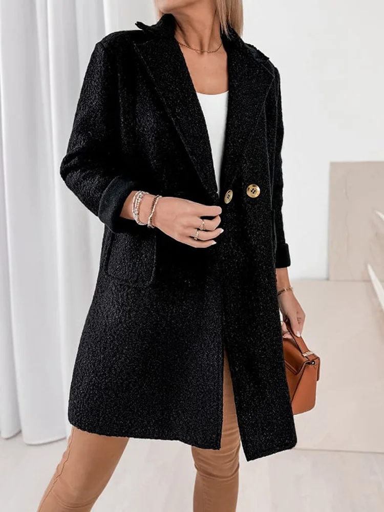 Gibsie plus size entalhado pescoço duplo breasted casaco de lã outono inverno feminino elegante outerwear bolsos solto preto casacos longos
