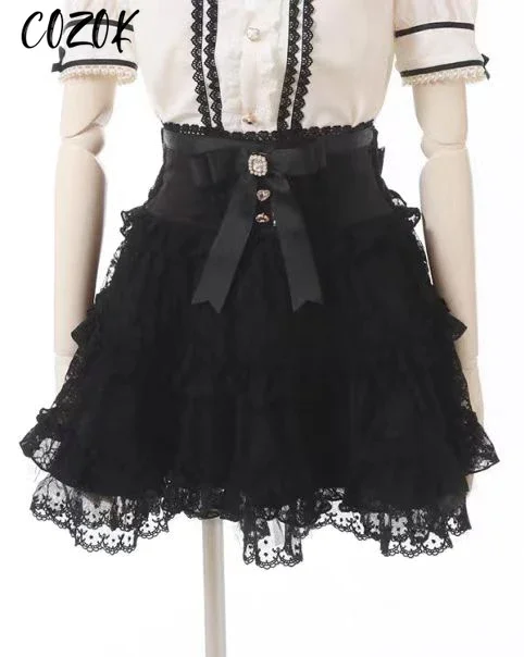 Women's Skirt Sweet Cake Skirt Short Japanese Style Mine Mass-Produced Girl Cute Puffy Lace Bow Ruffled Skirt 2024 New Summer