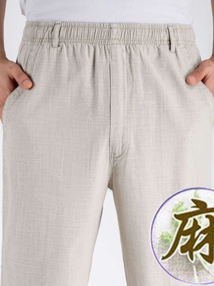 

Loose Fit Linen Casual Pants Straight Leg Thin Cotton Linen Men's Spring Summer Elastic Waist Dad Casual Trousers