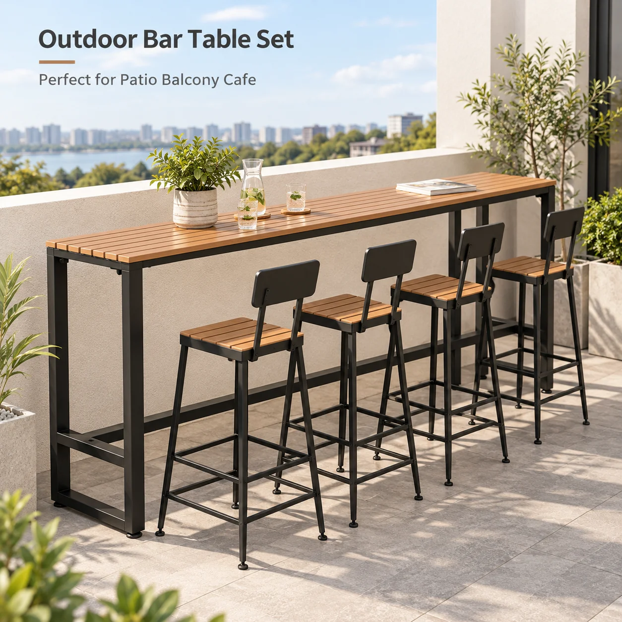 AOLIVIYA Outdoor Bar Table And Stools Set 79 Inch Narrow Waterproof Patio Pub Coffee Dining Table For Balcony Terrace Cafe