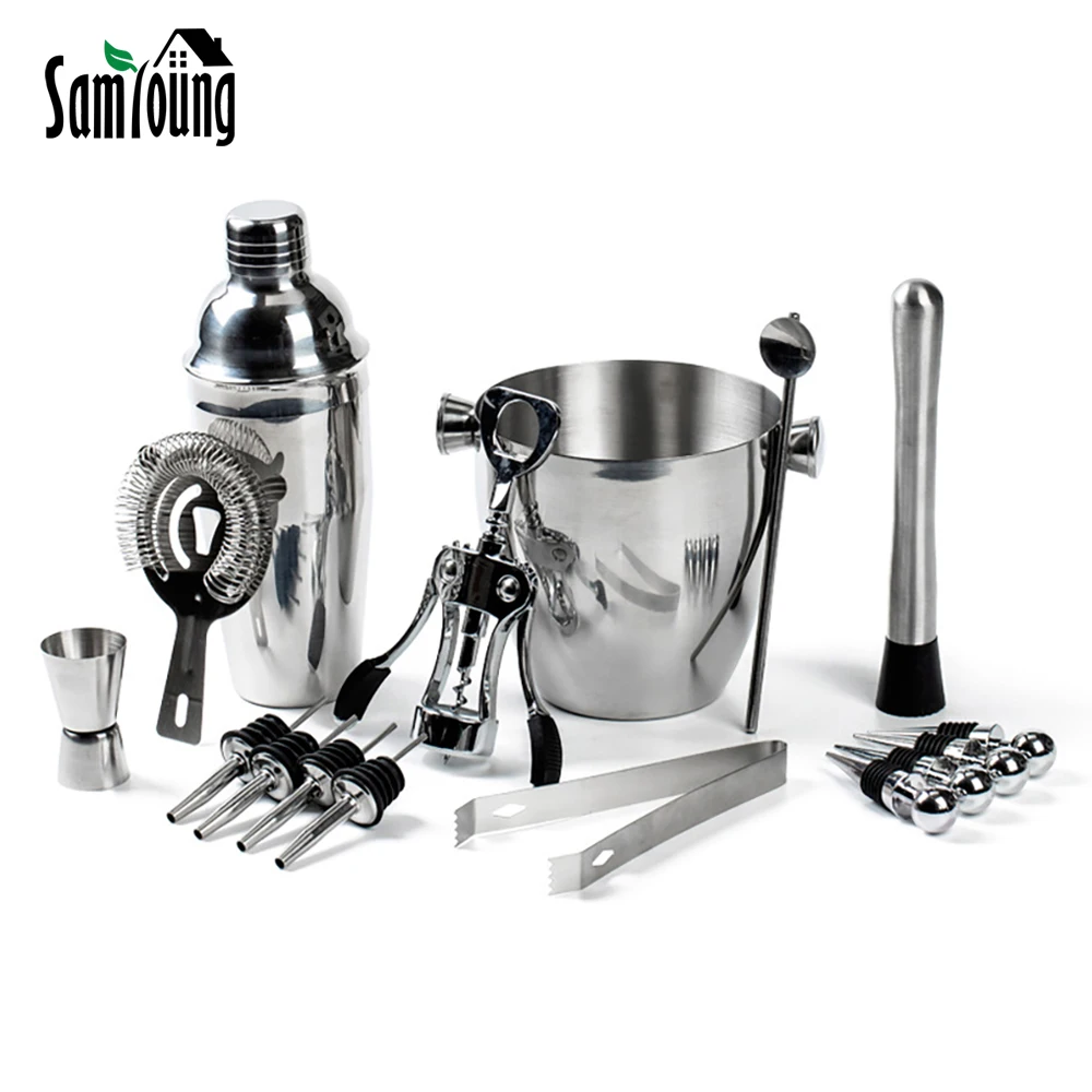 

16PCS Cocktail Shaker Set Wine Mixer Stainless Stee Martini Boston Shaker Bartender Bar Set Jigger Strainer Straw Clip Opener