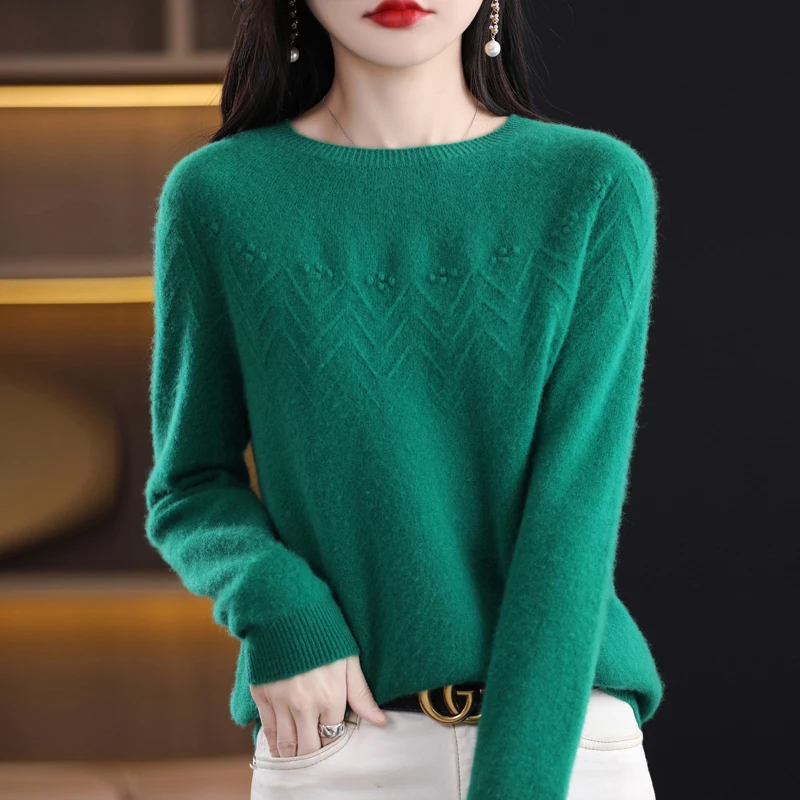 Imagem -02 - Suéter de Cashmere Monograma Feminino 100 lã Pura Pulôver com Gola o Blusa Casual de Tricô sem Costura Primeira Linha para Outono e Inverno