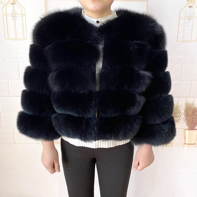 100% Real Fox Fur Coat Winter Women Round Neck Genuine Fur Coat Clothes Thick Warmer Long Sleeves Natural Fur Jackets Outwear