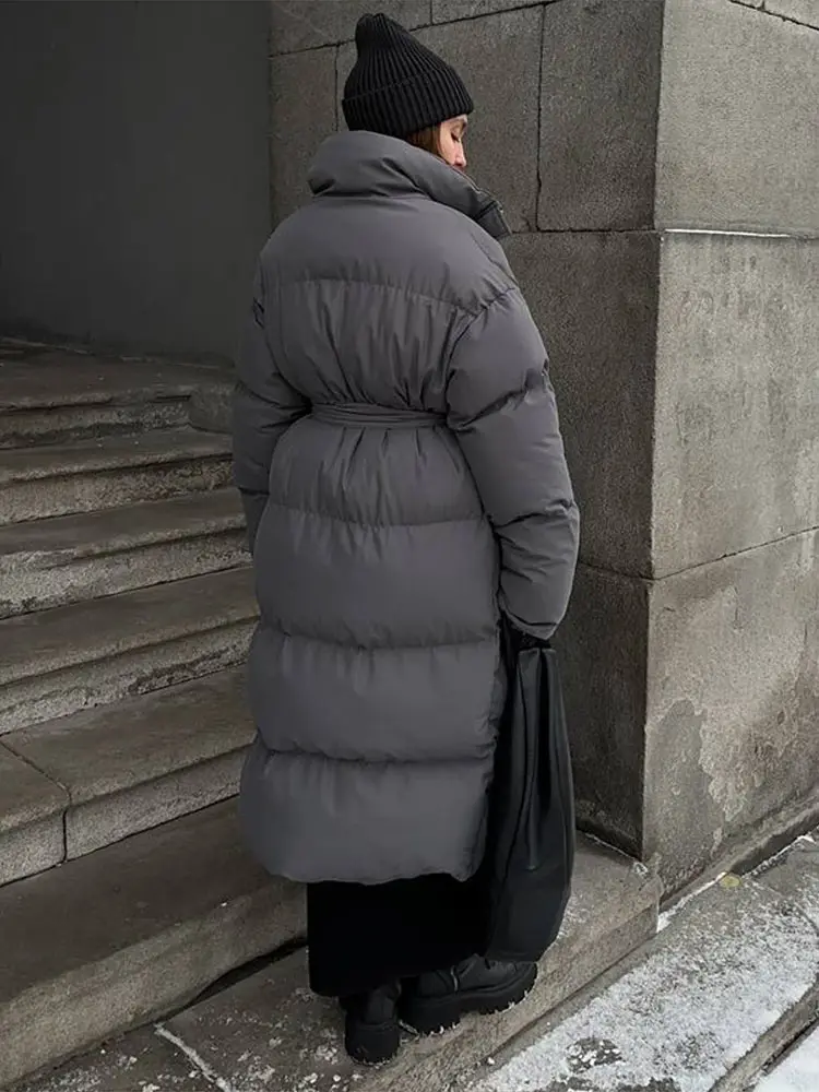 Lace Up Outwear Female Winter Chic High Streetwear Warm Stand Neck Cotton Long Coats Women Elegant Single Breasted Zipper Belt