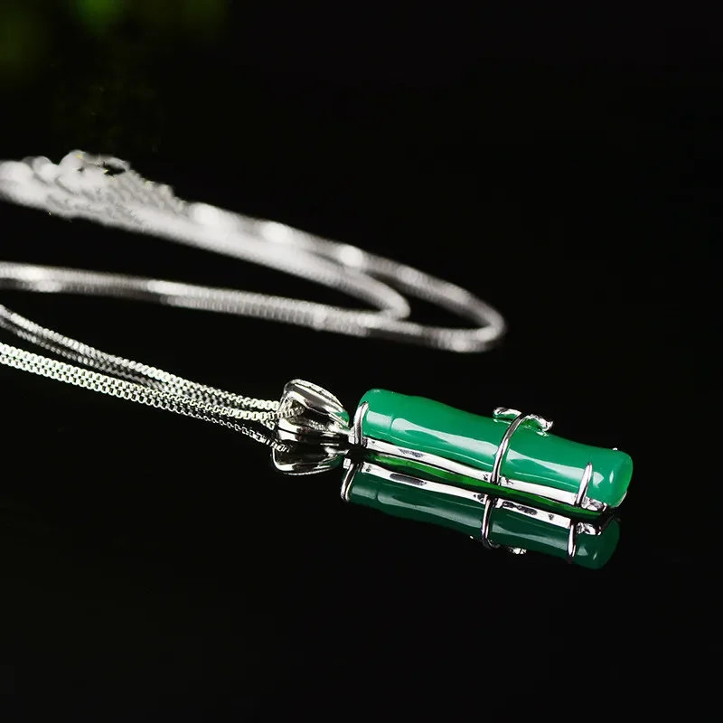 Natural Green Chalcedony Hand Carved Bamboo Pendant Fashion Jewelry Men and Women's 925 Silver Inlaid Necklace