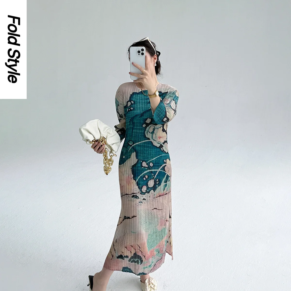 

Miyake Spring Autumn New National Style Folded Ink Painting Printed Dress Female Elegant Loose and Skinny Temperament Long Dress