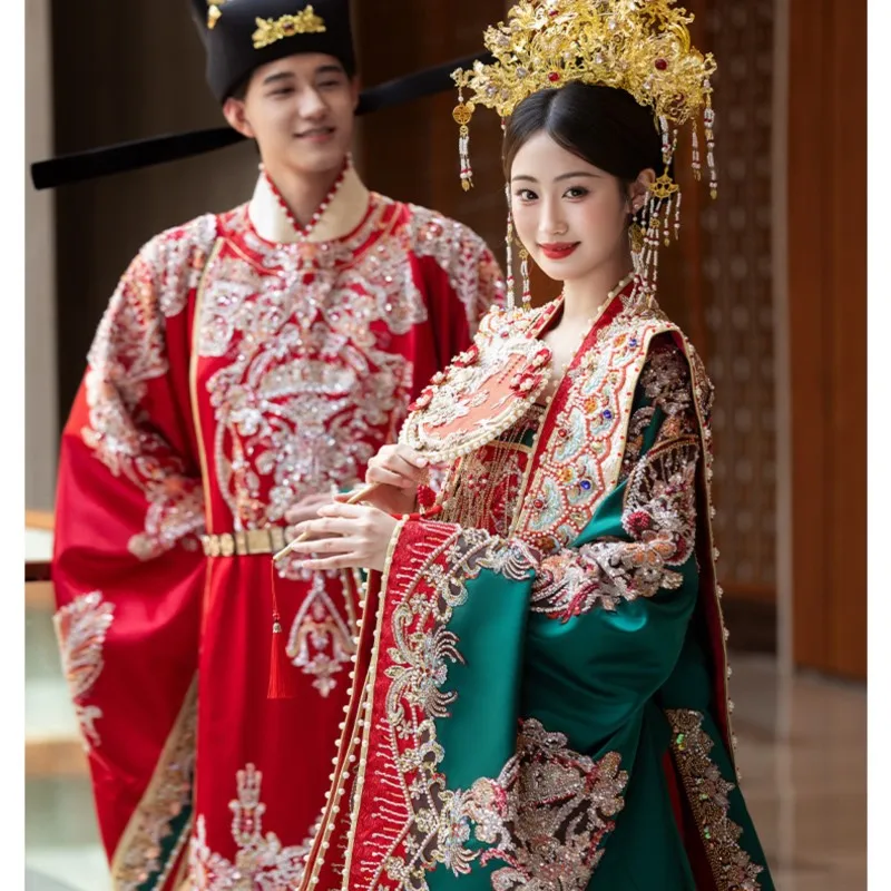 النمط الجديد لفستان زفاف هان مجموعة كاملة من تاج الرياح التقليدي وذيل طويل للرأس الأحمر هو زي قديم ثقيل #4