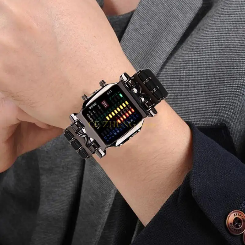 E56B Business-Armbanduhr mit Leucht-/Knopffunktion, binäre rechteckige Uhr für Herren