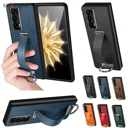 Luxury Leather Soft Phone Case For Honor Magic VS2 VS3 Wriststrap Metal Ring Holder Stand Back Cover For Honor Magic V2 V3 Cases