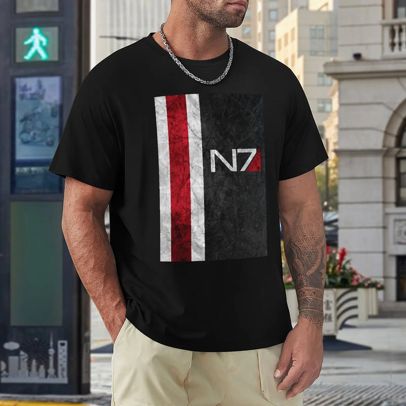 Mass Effect N7 Minimalist Design for Sale T-shirt Round Neck Sports Tshirt Funny Graphic Aactivity Competition Funny Novelty Eur