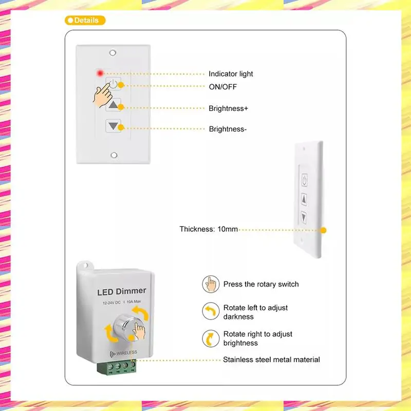 

ABJJ DC12V-24V 10A Wireless LED Strip Dimmer With Touch Remote For Single Color LED Strip