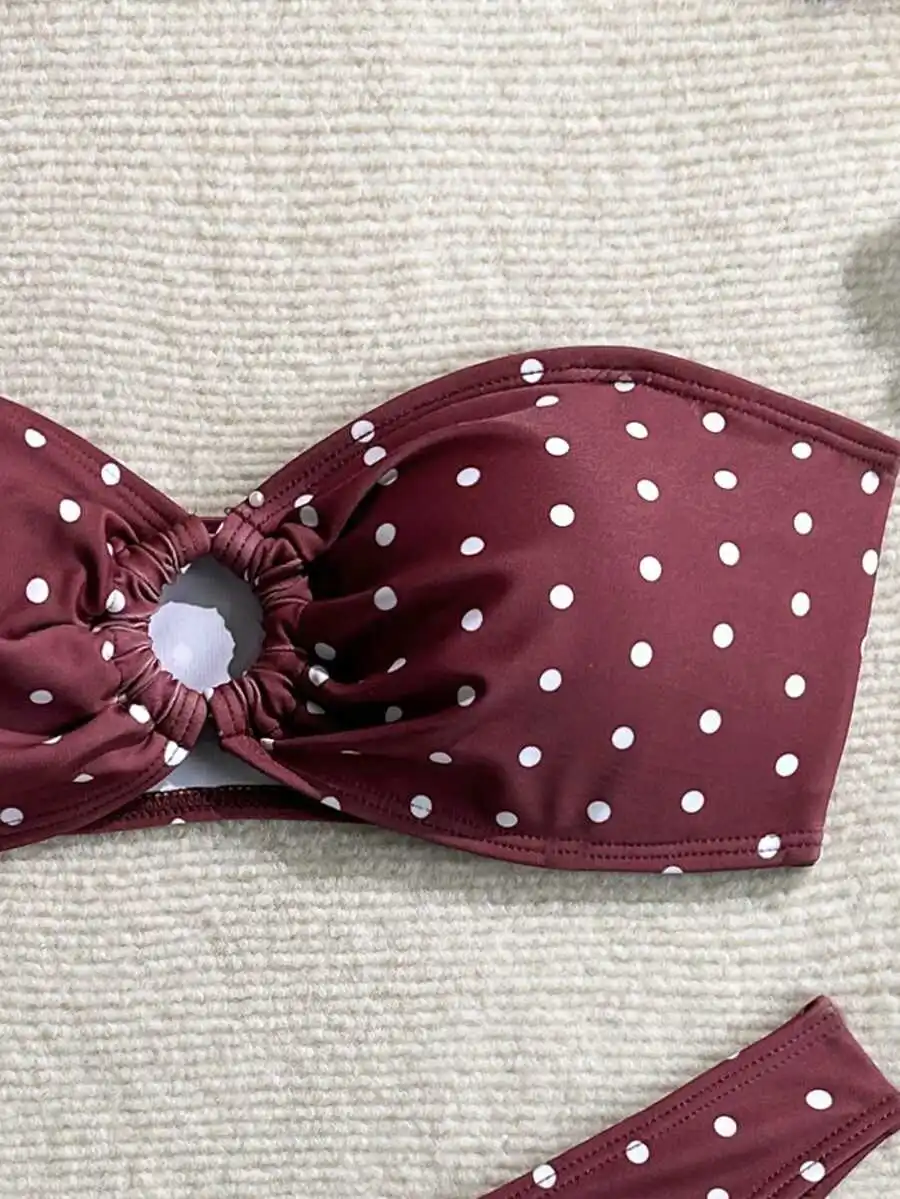 

Burgundy With White Polka Dots Strapless Tie-Front Bikini Set Women Summer Beach High-Cut Two Piece Swimwear