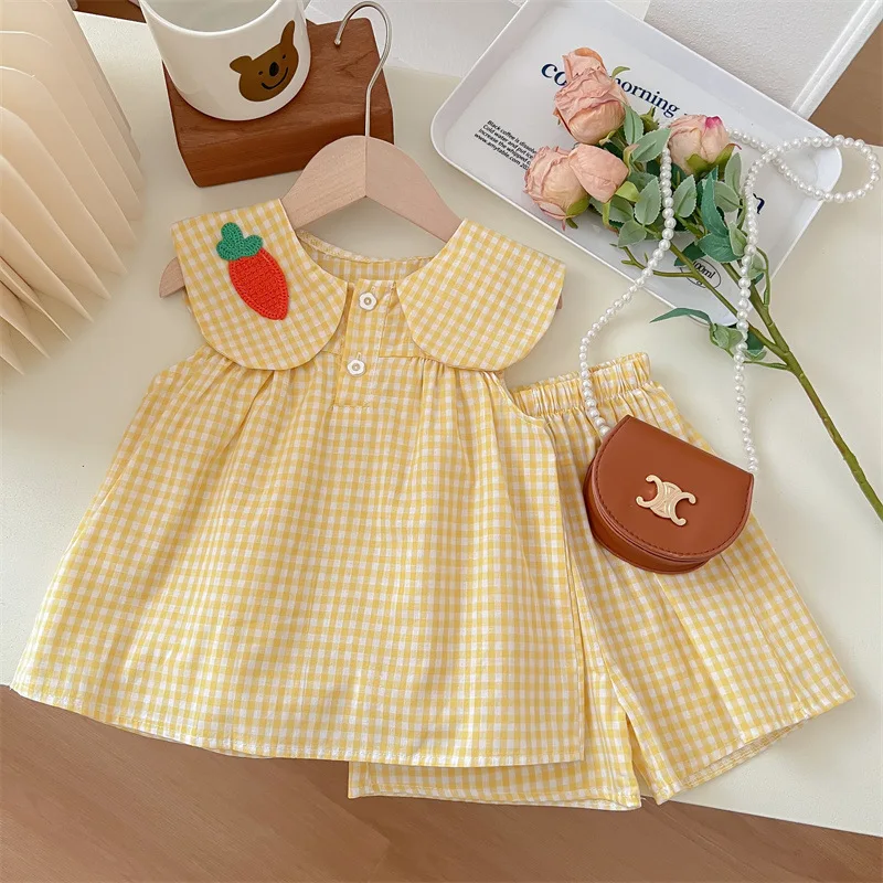 Girls Plaid Suit Summer Baby Girl Doll Collar Sleeveless Top Shorts Two-Piece Set