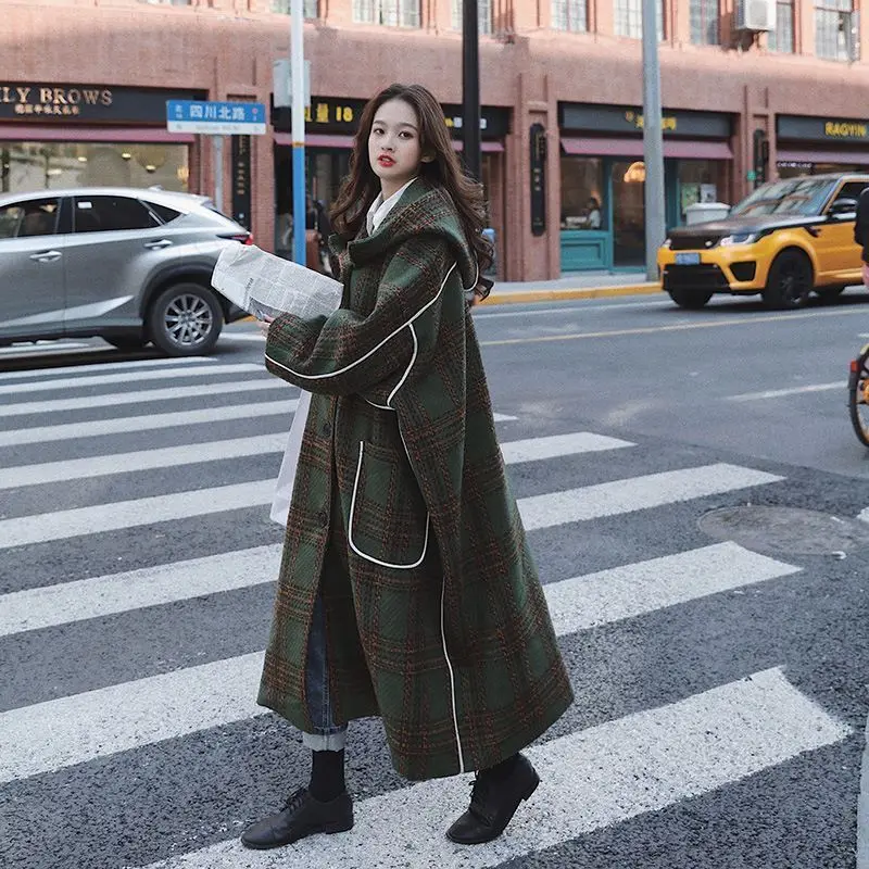 Autumn and Winter New Women's Woolen Coat Patchwork Hooded Oversized Coat