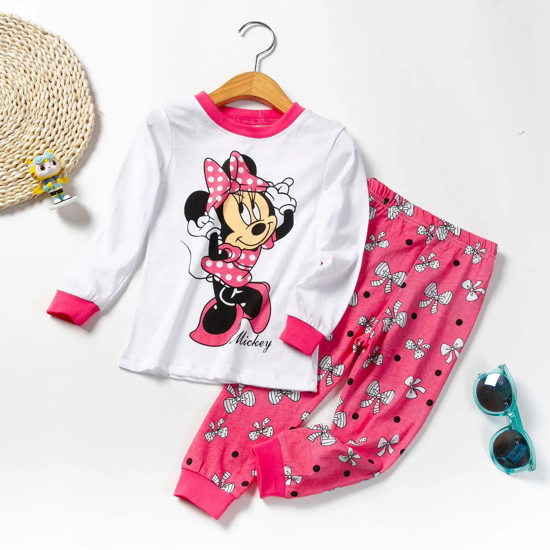 Girl's home suit set cute cartoon print round neck long sleeved pajamas home suit two-piece set