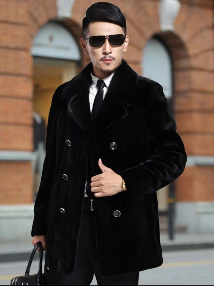 Winter Faux Fur Coat Men Thick Warm Windbreaker Long Sleeve Double-breasted Suit Collar Fur Coat Plus Size Slim Fit Jacket