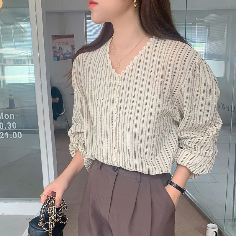 Женская ретро корейская Sle irt V-Ne Slim Fit в полоску с рюшами Sve Long Sve Свободная весенне-осенняя блузка Bubble Sve