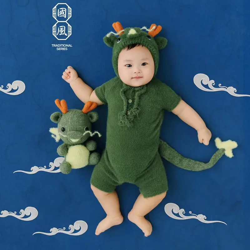 ❤️Baby Photography Clothing Knit Dragon Hat+Jumpsuit+Doll 3Pcs/Set Infant Photo Props Accessories Studio Shoot Clothes Outfits