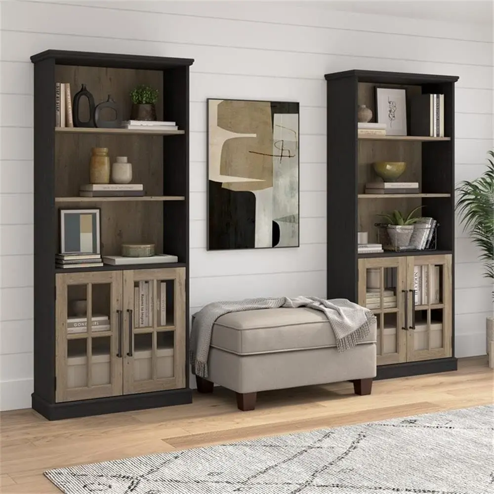 Bush urniture Westbrook 5 Shel Bookcase with Glass Do- Set o 2 in Vintage Black/Restored Tan Hickory | armhouse Bookshelor Livin