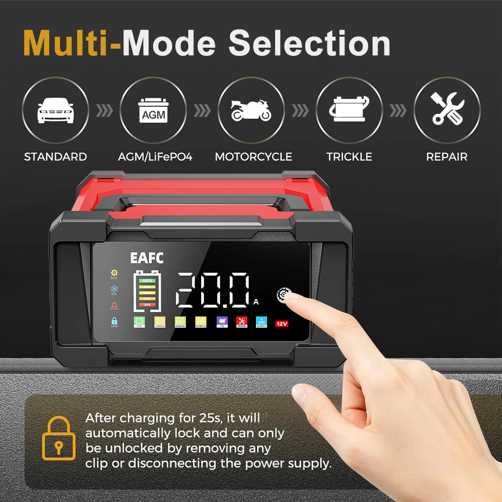 EAFC 12V/24 20A/10A Upgraded Car Battery Charger Fully Automatic Battery Charger 7 Charge Stages For Gel AGM LiFePO4 Etc - view 4