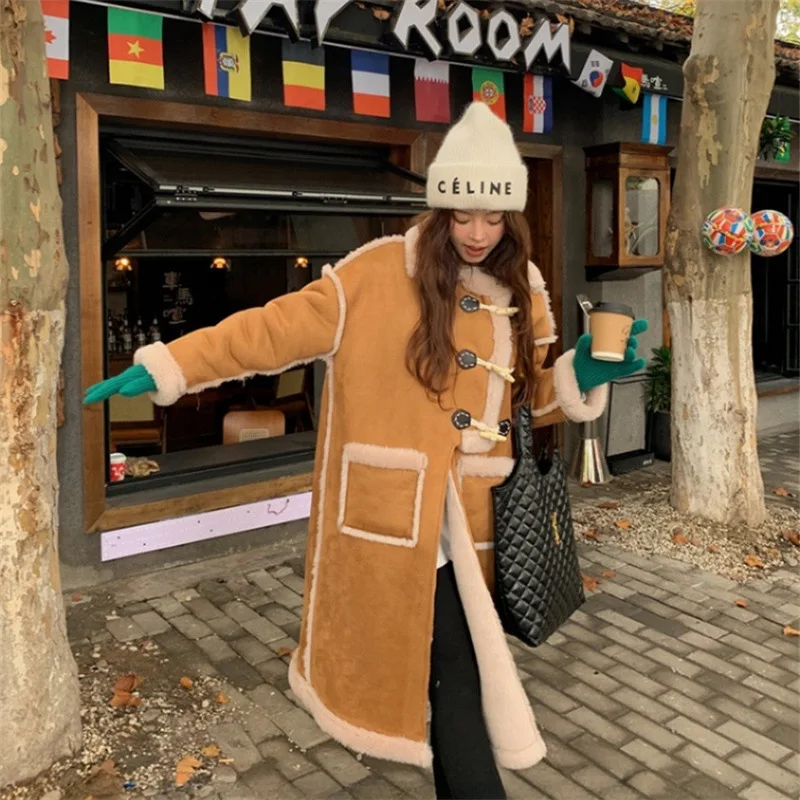 2024 winter new Korean irregular horn button suede fur integrated lamb wool sheep shearing fur coat women's coat