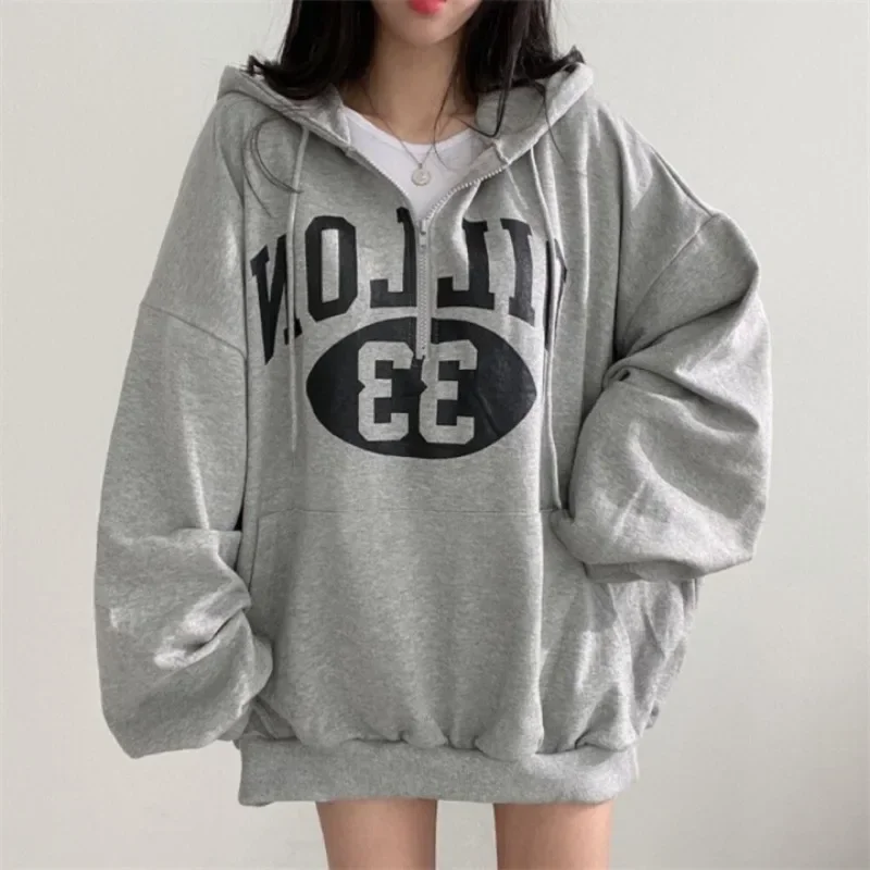 Girl Hip Hop Oversized Hoodies Women Zip Up Harajuku Top Letter Print Sweatshirts Korean Vintage Loose Autumn Winter Tops