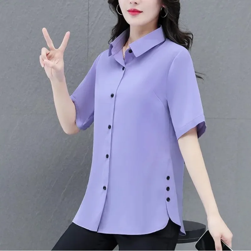 Women\'s Summer Solid Button Patchwork Short Sleeve Turn-down Collar Cardigan Shirt Coats Loose Clothing High Street Midi Tops