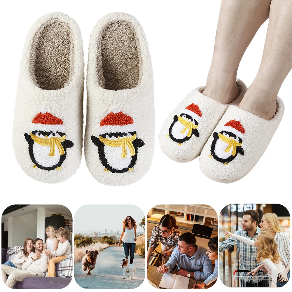 Christmas Plush Slip-on House Shoes Anti Slip Penguin Slippers Soft Furry Slippers Comfortable Cartoon Household Supplies