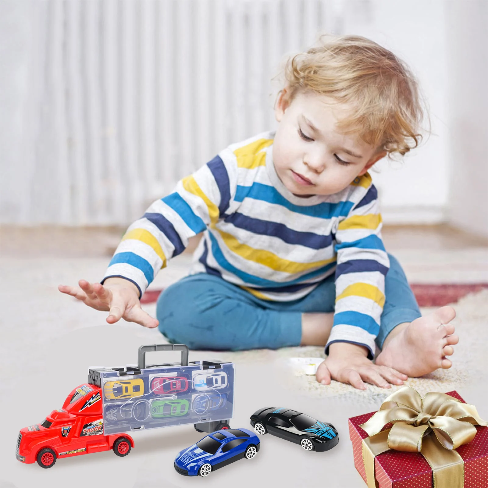 Set da gioco per trasporto auto Camion portatile e trasportabile a mano con diapositive ferroviarie per bambini Natale Compleanno Regali per bambini