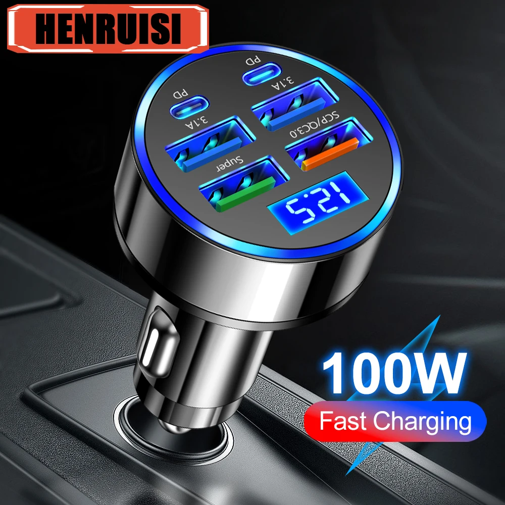 100W 6 Ports Car Charger Fast Charging PD QC3.0 USB C Car Phone Charger Type C Adapter in Car For iPhone Samsung Xiaomi Huawei