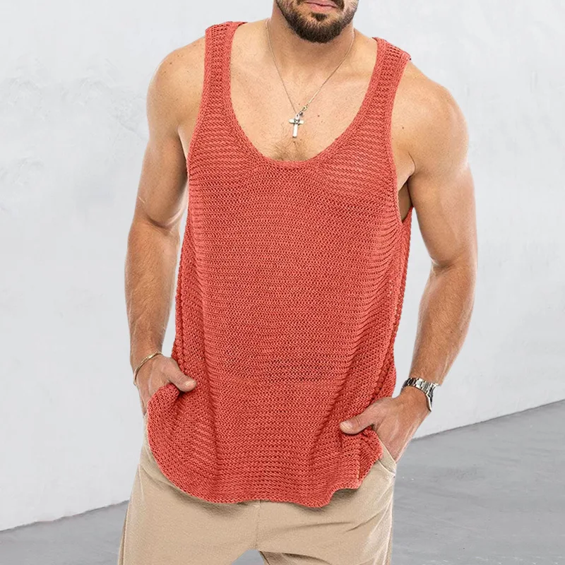 Men's tank top loose knit sports vest summer new men's fashion stripe knit sleeveless Male T-shirt breathable mesh Sports Top
