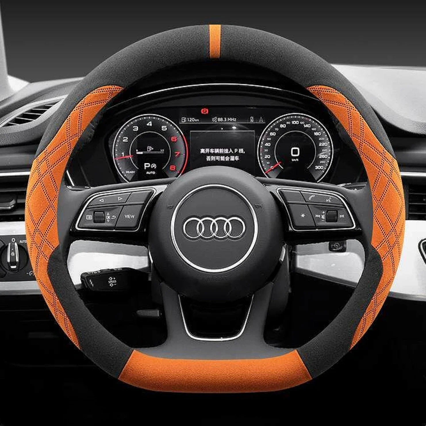 Luxus-Sport-Lenkradbezug aus Wildleder, zweifarbig, komfortabler Griff, 38 cm, für Audi A3 A4 A5 A6 A7 Q3 Q5 Q7 S3, Auto-Innenzubehör