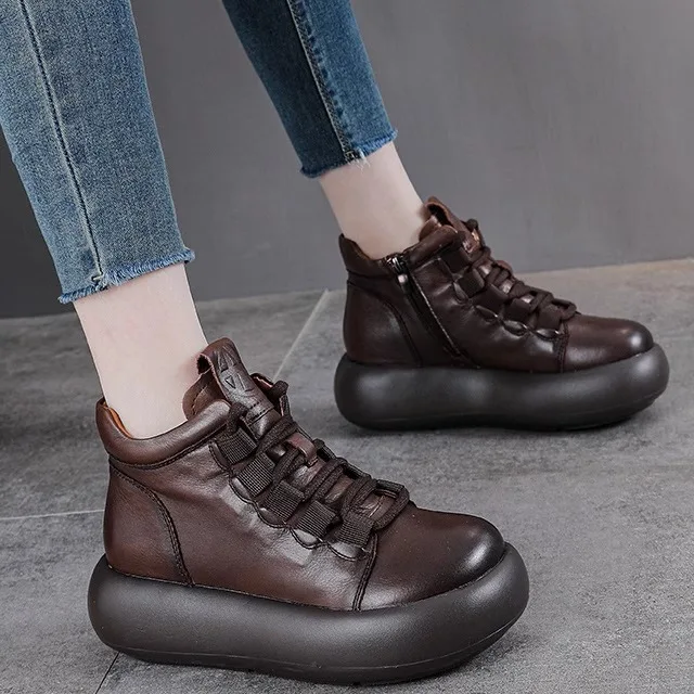 

Women's Casual Boots Thick Bottom High Top Cowhide Leather Autumn Winter New Style Short Boots Comfortable round Toe