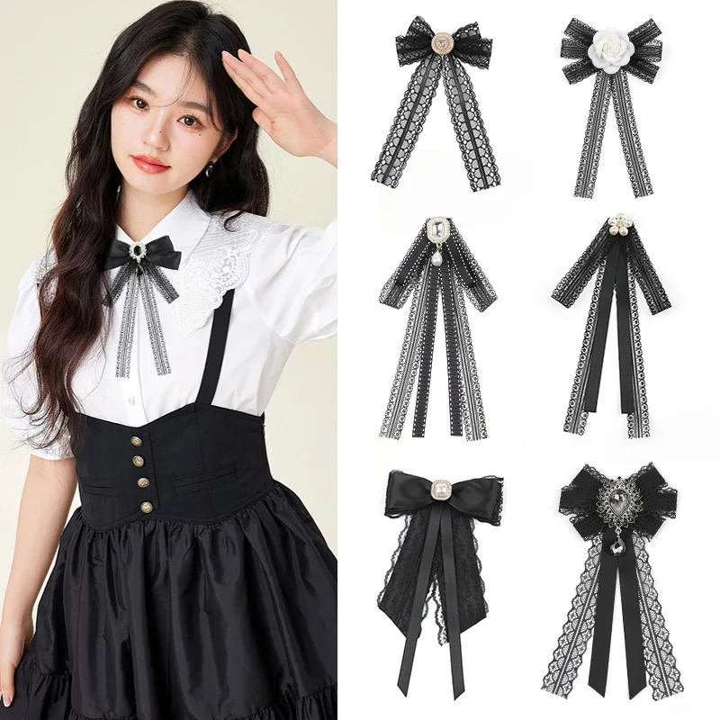 Korean New Elegant Black Lace Ribbon Rhinestone Bow Brooch for Women\'s Shirt with British Japanese College Style Accessories