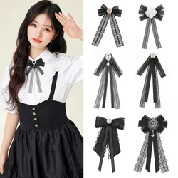 Korean New Elegant Black Lace Ribbon Rhinestone Bow Brooch for Women's Shirt with British Japanese College Style Accessories