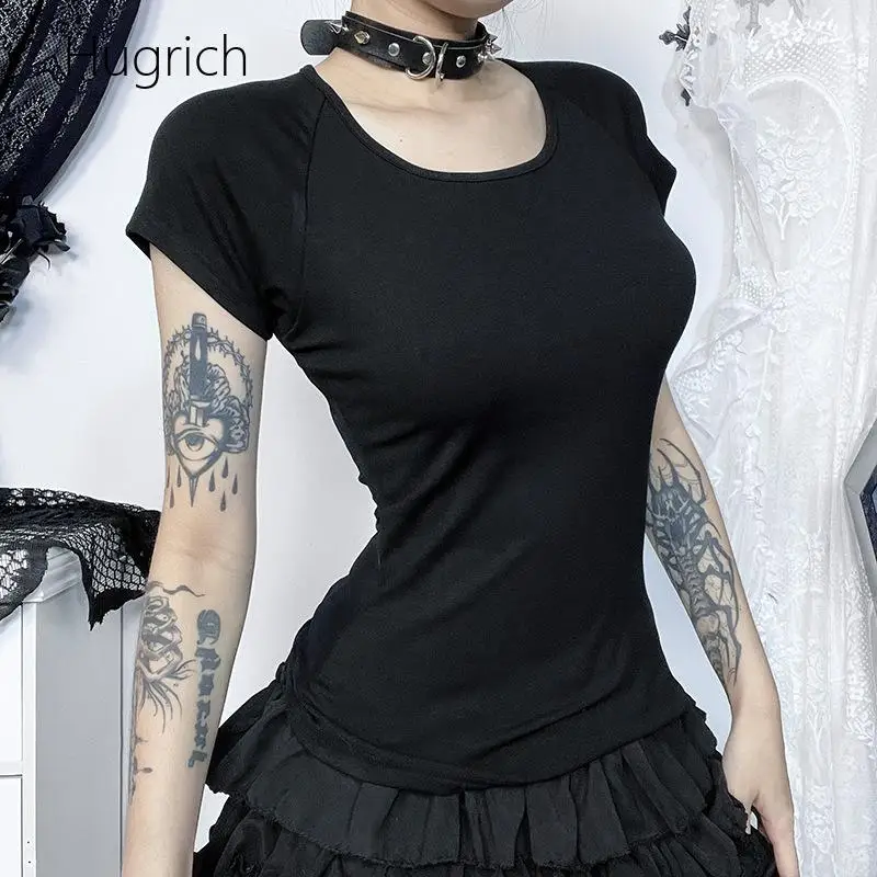 Halloween Gothic Punk Costume Top Women Hughrich Crew Neck Back Sheer Mesh Angel Print Short Sleeve Slim Black T-Shirt Party