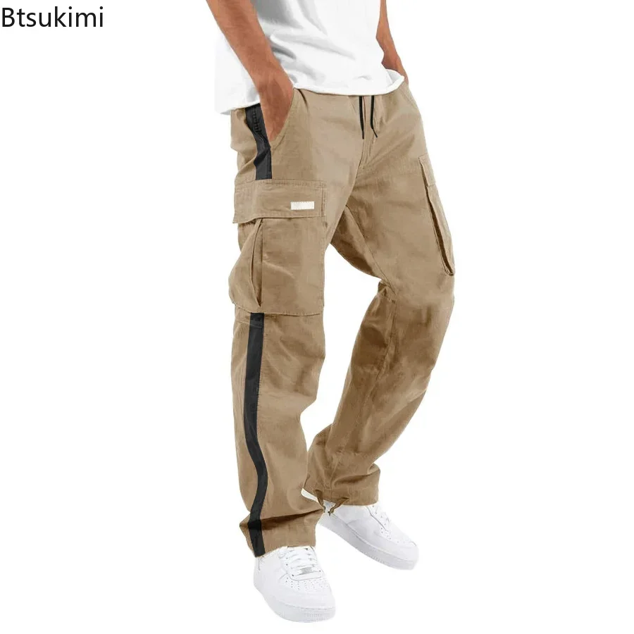 New 2025 Men's Casual Cargo Pants Trousers Stripe Regular Fit  Fashion Pants Male Jogging Cargo Pants Panel Pocket Trousers Man