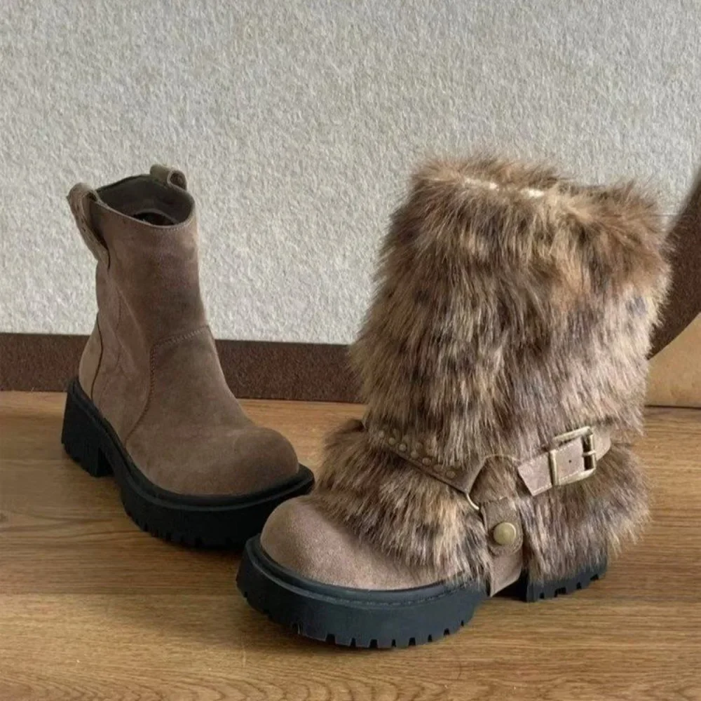 

Women's Winter New Style Furry Thick-Soled Snow Boots with Removable Fur Double-Wear Warm Lined Thickened Cotton Short Boots