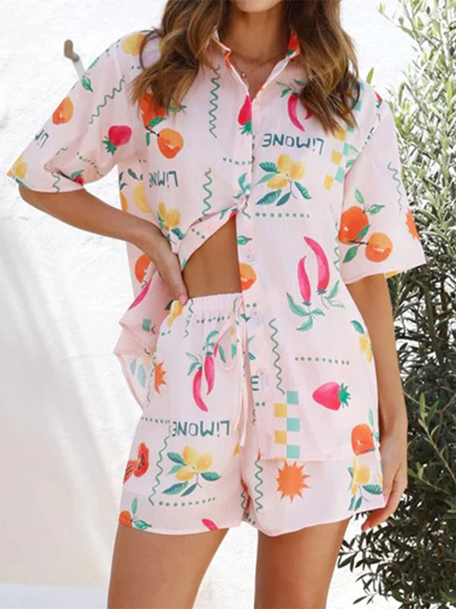 Conjunto de pantalón corto holgado de manga corta para mujer, traje holgado con estampado de solapa, informal, estilo bohemio, para vacaciones en la playa, 2024