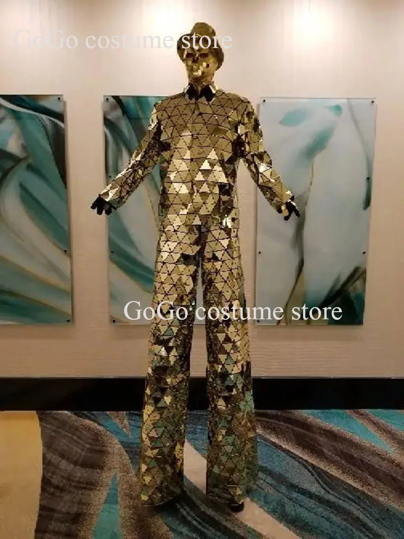 Silver/Gold Mirror Man Clothes Hand Screw Silver Stilts Walker Show silver Suit Stage Dress Performance Costume Cosplay Clothing