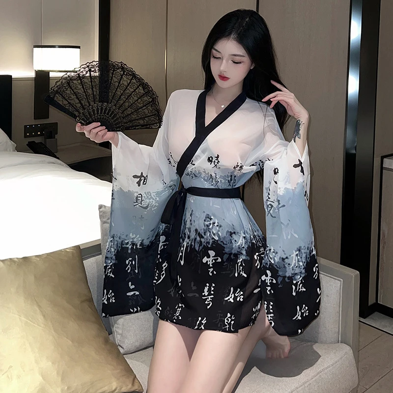 Perspectief Retro Chinese Uniform Sexy Gaas Kimono Cosplay Hanfu Erotische Transparante Verjonging Pyjama Jeugd Privé Kostuum