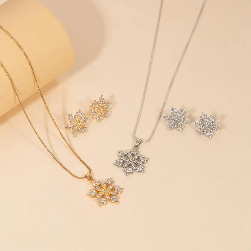 1 Pcs New Simple Full Diamond Snowflake Necklace Set Of Jewellery Temperament Earring Valentine's Day Creative Gift Accessories