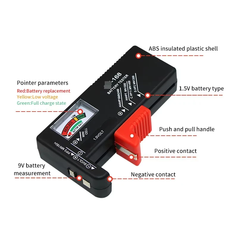 BT-168 AA/AAA/C/D/9V/1.5V Ketrecek Egyetemes gomb Alapszerv Akkumulátor Szín coded Fogyasztásmérő Feltüntet vmit Fordulás teszter Ellenőr BT168 áram